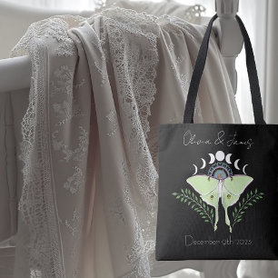 Mystical Black Boho Luna Moth Moon Phases Wedding Tote Bag