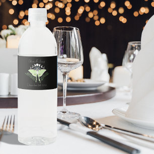 Mystical Black Boho Luna Moth Moon Phases Wedding Water Bottle Label