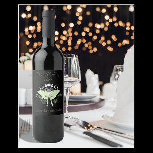 Mystical Black Boho Luna Moth Moon Phases Wedding Wine Label