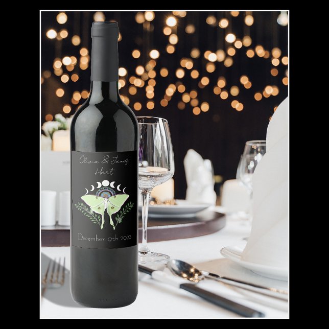 Mystical Black Boho Luna Moth Moon Phases Wedding Wine Label (Creator Uploaded)
