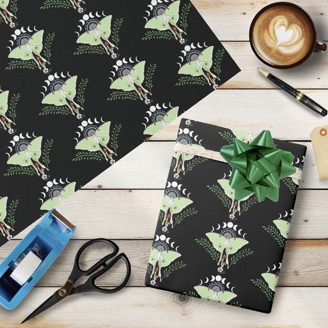 Mystical Black Boho Luna Moth Moon Phases Wedding Wrapping Paper (Creator Uploaded)