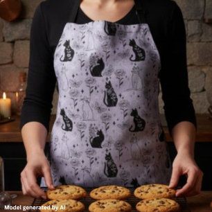 Mystical Black Cat and Butterfly Pattern Witchy Apron