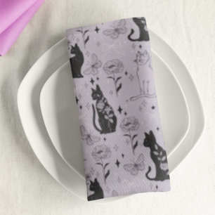 Mystical Black Cat and Butterfly Pattern Witchy Cloth Napkin