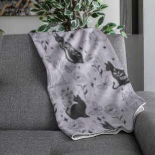 Mystical Black Cat and Butterfly Pattern Witchy Fleece Blanket