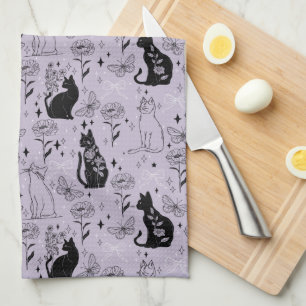 Mystical Black Cat and Butterfly Pattern   Witchy Kitchen Towel