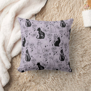 Mystical Black Cat and Butterfly Pattern Witchy Throw Pillow