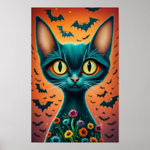 Mystical Black Cat and Halloween Flowers Poster