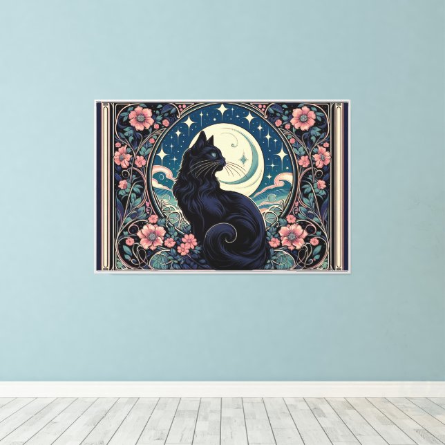 Mystical Black Cat Art Nouveau Canvas Print (Insitu(Wood Floor))