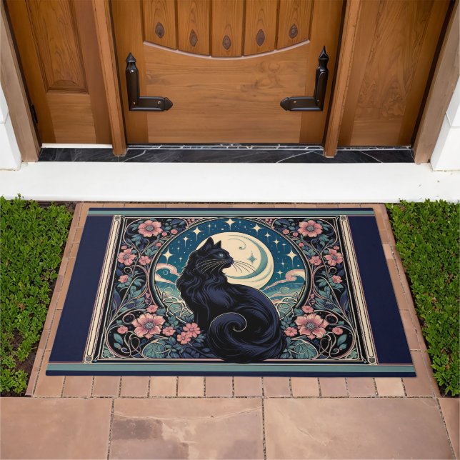 Mystical Black Cat Art Nouveau Doormat (Outdoor)