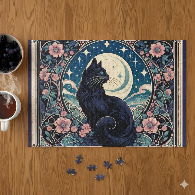 Mystical Black Cat Art Nouveau Jigsaw Puzzle (Mystical Black Cat Art Nouveau Jigsaw Puzzle Mockup A)