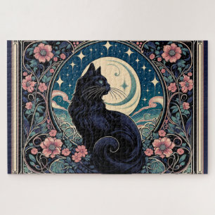 Mystical Black Cat Art Nouveau Jigsaw Puzzle