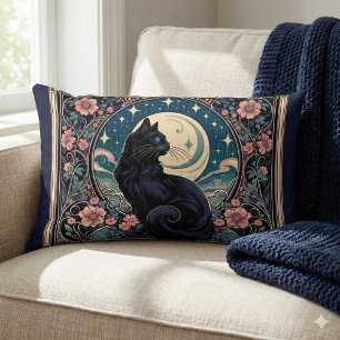 Mystical Black Cat Art Nouveau Lumbar Pillow
