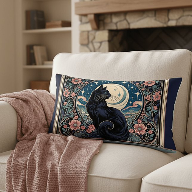 Mystical Black Cat Art Nouveau Lumbar Pillow (Mystical Black Cat Art Nouveau Lumbar Pillow)