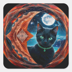 Mystical Black Cat Celestial Mandala Square Sticker