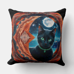 Mystical Black Cat Celestial Mandala Throw Pillow