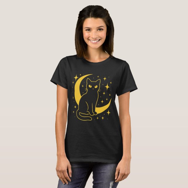 Mystical Black Cat – Celestial Night T-Shirt (Front Full)