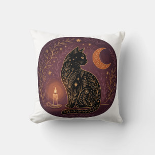 Mystical Black Cat Celestial Witchy Halloween Goth Throw Pillow