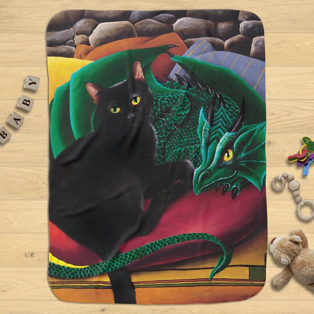 Mystical Black Cat Emerald Green Dragon Fantasy Baby Blanket (Creator Uploaded)