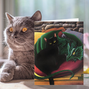 Mystical Black Cat Emerald Green Dragon Fantasy Card