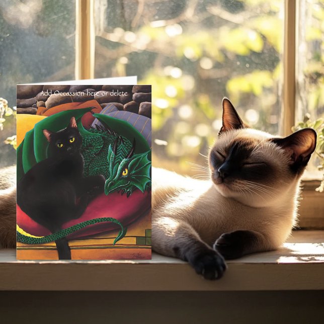 Mystical Black Cat Emerald Green Dragon Fantasy Card (Creator Uploaded)