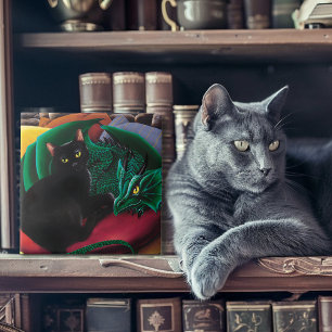 Mystical Black Cat Emerald Green Dragon Fantasy Ceramic Tile