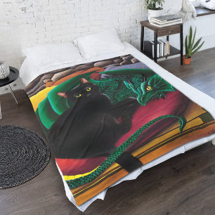  Mystical Black Cat Emerald Green Dragon Fantasy Fleece Blanket