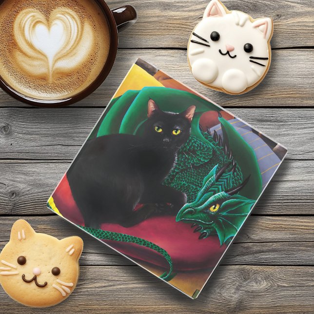  Mystical Black Cat Emerald Green Dragon Fantasy Glass Coaster (Creator Uploaded)