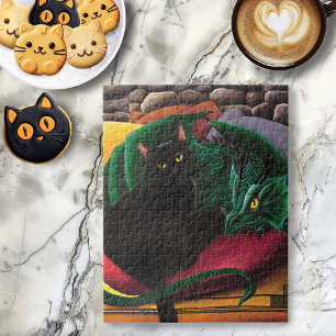  Mystical Black Cat Emerald Green Dragon Fantasy Jigsaw Puzzle