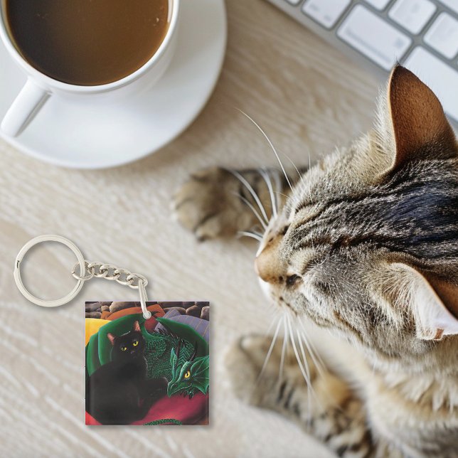 Mystical Black Cat Emerald Green Dragon Fantasy Keychain (Creator Uploaded)