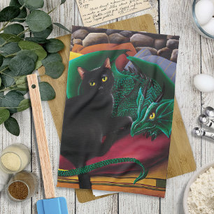 Mystical Black Cat Emerald Green Dragon Fantasy Kitchen Towel