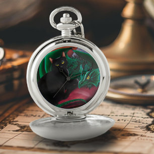 Mystical Black Cat Emerald Green Dragon Fantasy Pocket Watch