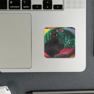 Mystical Black Cat Emerald Green Dragon Fantasy Square Sticker