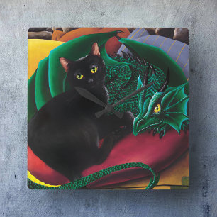 Mystical Black Cat Emerald Green Dragon Fantasy Square Wall Clock