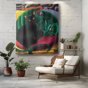 Mystical Black Cat Emerald Green Dragon Fantasy Tapestry