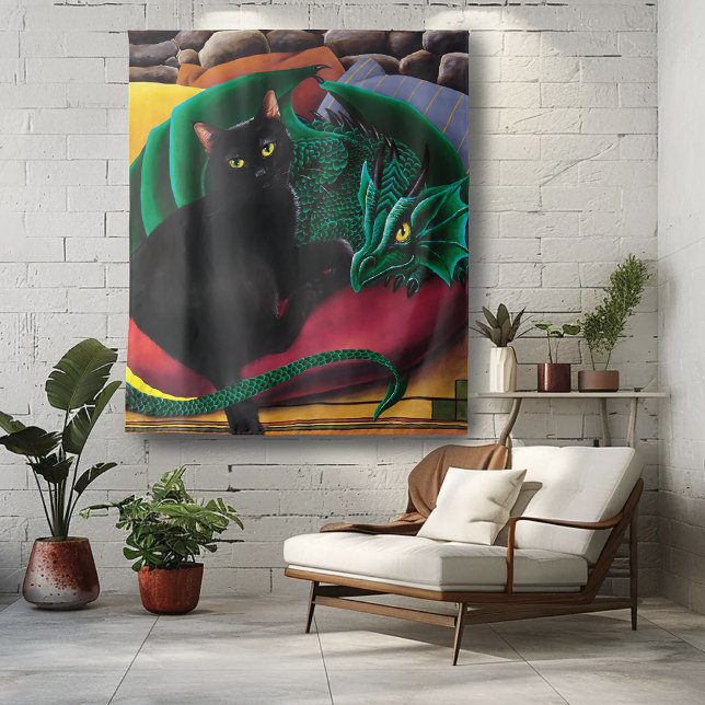 Mystical Black Cat Emerald Green Dragon Fantasy Tapestry (Creator Uploaded)