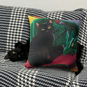 Mystical Black Cat Emerald Green Dragon Fantasy Throw Pillow