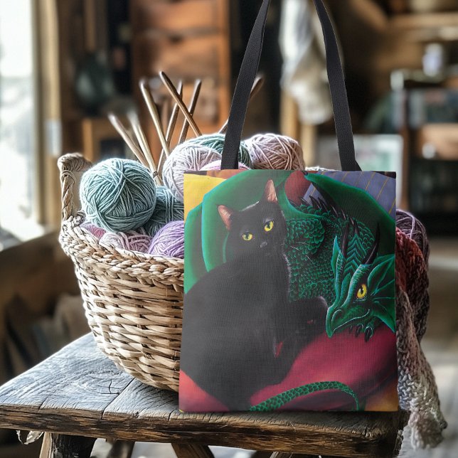 Mystical Black Cat Emerald Green Dragon Fantasy Tote Bag (Creator Uploaded)