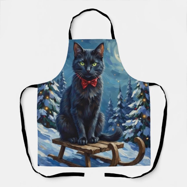 Mystical Black Cat Enchanted Winter Sled Christmas Apron (Front)