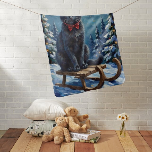 Mystical Black Cat Enchanted Winter Sled Christmas Baby Blanket (In Situ)