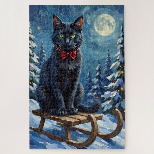 Mystical Black Cat Enchanted Winter Sled Christmas Jigsaw Puzzle (Vertical)