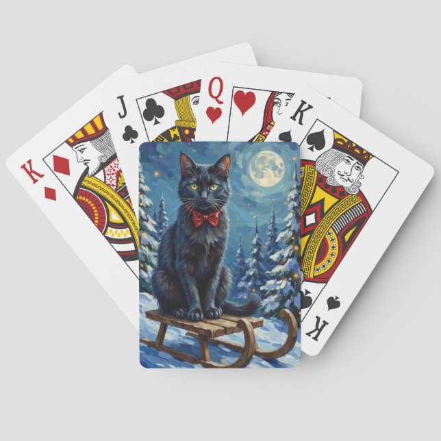 Mystical Black Cat Enchanted Winter Sled Christmas Poker Cards (Back)