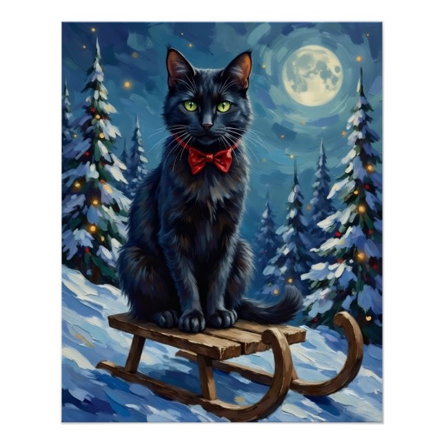 Mystical Black Cat Enchanted Winter Sled Christmas Poster (Front)