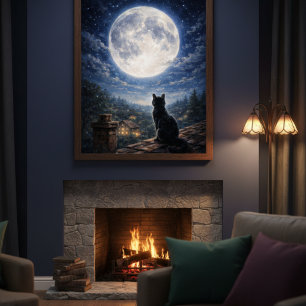 Mystical Black Cat Full Moon Night Sky Poster Art 