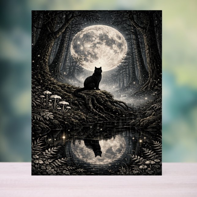 Mystical Black Cat Under Full Moon Forest  Acrylic Sign (Neutral)