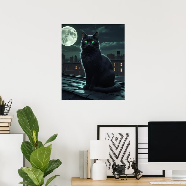 Mystical Black Cat Under Full Moon Poster (Home Office)