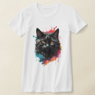 Mystical Black Cat Watercolor Splash Art T-Shirt