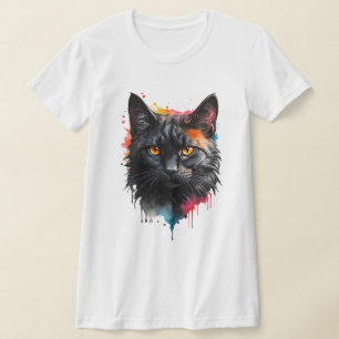 Mystical Black Cat Watercolor Splash Art T-Shirt