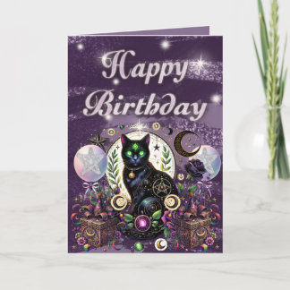Mystical Black Cat Witchy Birthday Celestial Theme Card