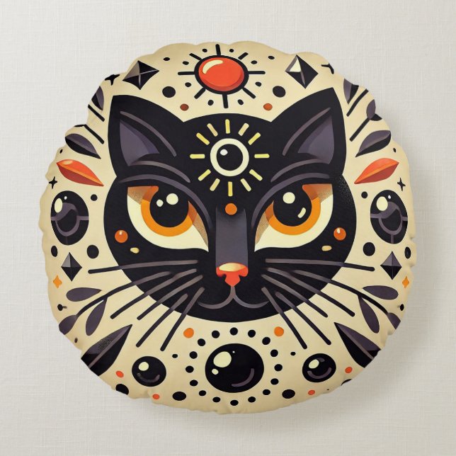 Mystical Black Cat With Cosmic Geometry  Round Pillow (Front)
