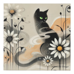 Mystical Black Cat with Daisies Faux Canvas Print